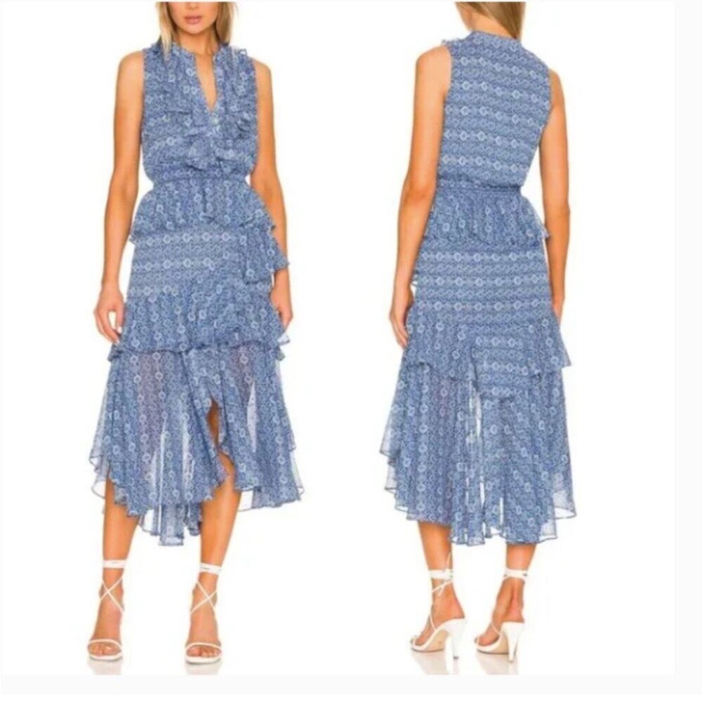 Misa Los Angeles Revolve Blue Ruffled Tiered Maxi Dress